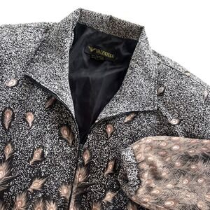 Valentina OS Black Tan Metallic, Peacock Ostrich Feather Print Bomber Jacket VTG